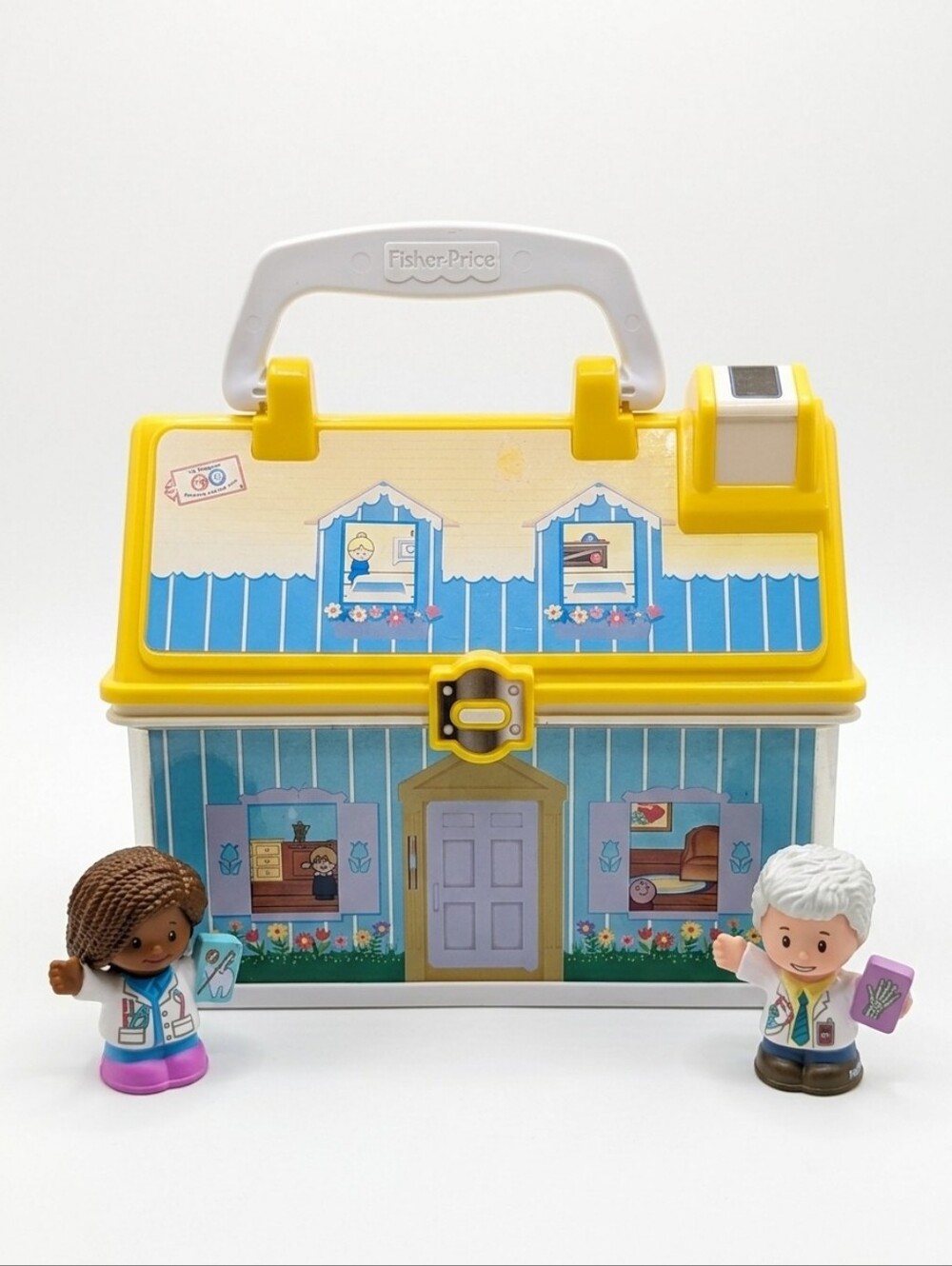 Vintage Fisher-Price Little People Tin House Case & 2 Medical Figures